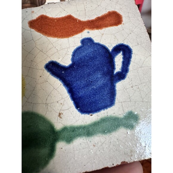 2 antique tile handpainted tiles Pumpkin Pitcher Kitchen Decor 4”x4” - Picture 12 of 15